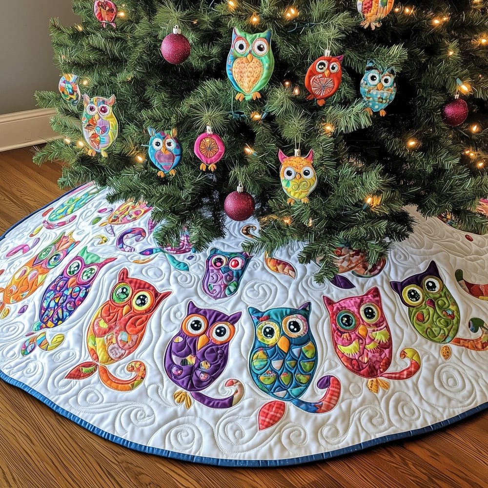 Row Of Rainbow Owls Christmas Tree Skirt — Handmade White Background, Custom Made-To-Order, Vibrant Holiday Base Cover
