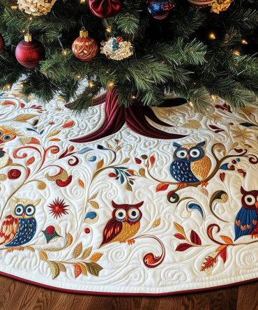 Autumn Leaves Owl Christmas Tree Skirt — Quilted Fall Woodland Tree Collar, Custom Holiday Décor With Rustic Nature Motif