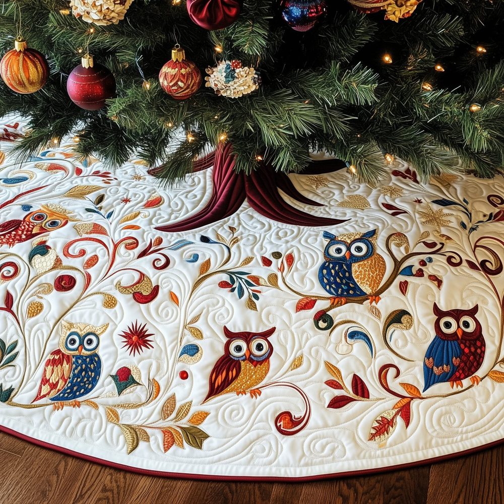 Autumn Leaves Owl Christmas Tree Skirt — Quilted Fall Woodland Tree Collar, Custom Holiday Décor With Rustic Nature Motif