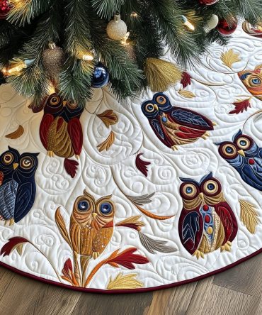 Navy & Burgundy Owl Tree Skirt With Autumn Leaves — Quilted Rustic Christmas Collar, Custom Woodland Holiday Décor