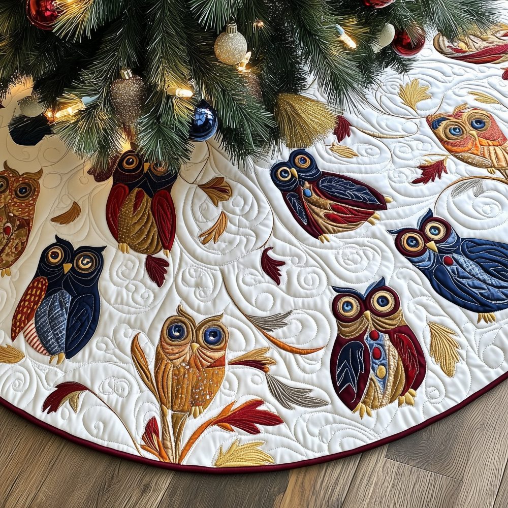 Navy & Burgundy Owl Tree Skirt With Autumn Leaves — Quilted Rustic Christmas Collar, Custom Woodland Holiday Décor