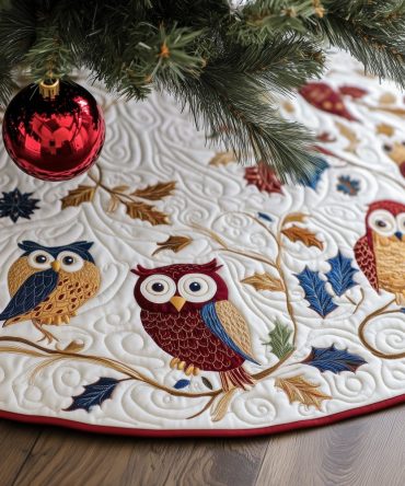 Golden Branch Owls Christmas Tree Skirt — Elegant Quilted Two-Owl Holiday Collar, Custom Made Woodland Seasonal Décor