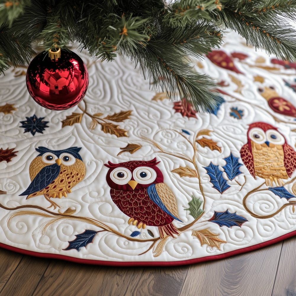 Golden Branch Owls Christmas Tree Skirt — Elegant Quilted Two-Owl Holiday Collar, Custom Made Woodland Seasonal Décor