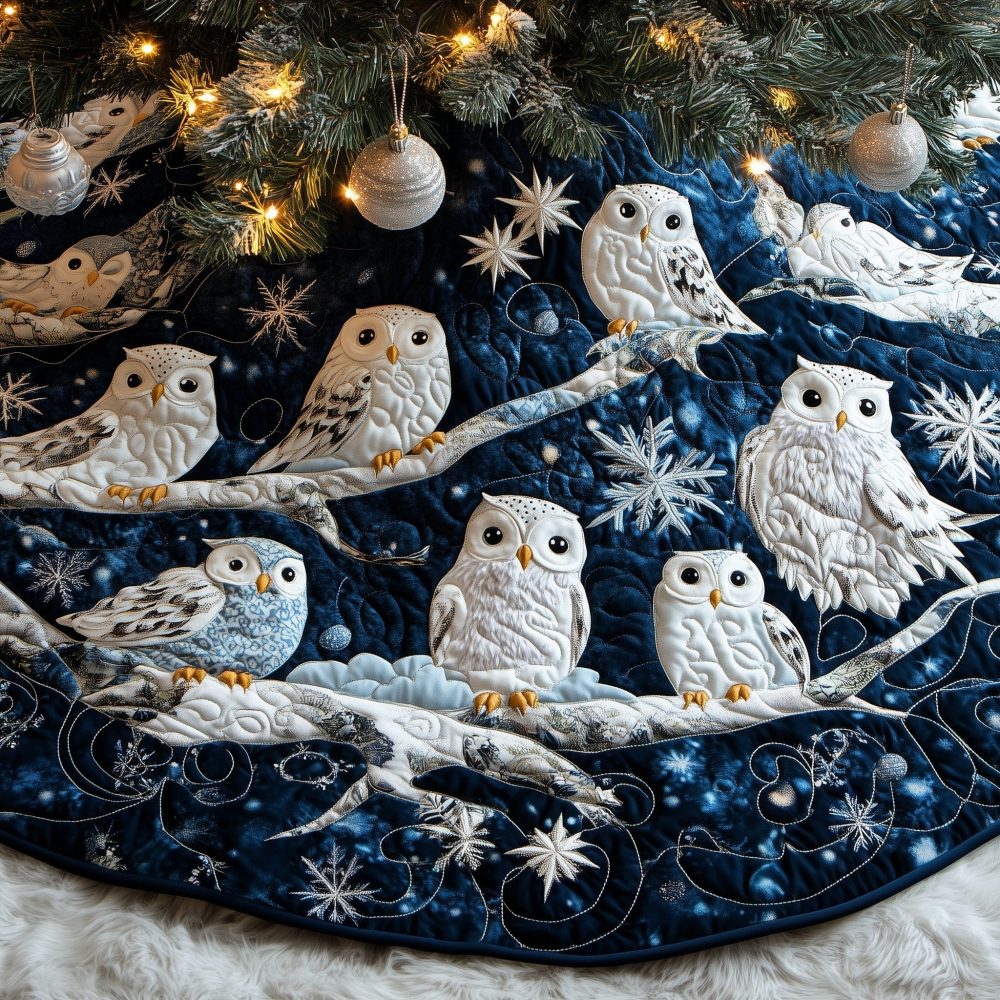 Snowy Owl Winter Night Christmas Tree Skirt — Custom Quilted Night-Sky Holiday Collar, Elegant Woodland Wildlife Décor