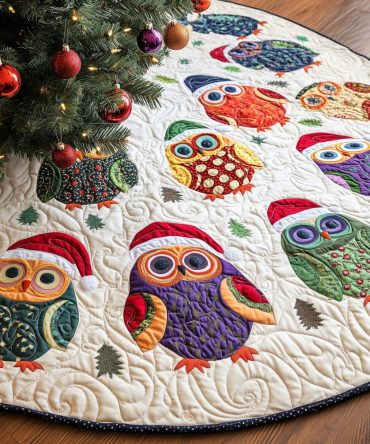 Ivory Tree Skirt With Festive Owls In Santa Hats — Custom Quilted Holiday Skirt, Lined & Hand-Appliquéd For Charming Seasonal Decor