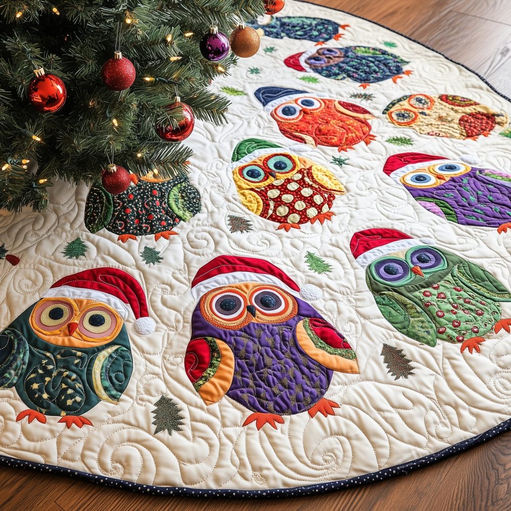 Ivory Tree Skirt With Festive Owls In Santa Hats — Custom Quilted Holiday Skirt, Lined & Hand-Appliquéd For Charming Seasonal Decor