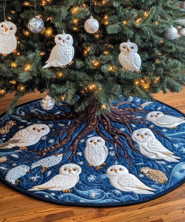 Snow Owls Christmas Tree Skirt - Handcrafted Arctic Owl Holiday Tree Base, Winter Bird Themed Home Decor, Custom Size