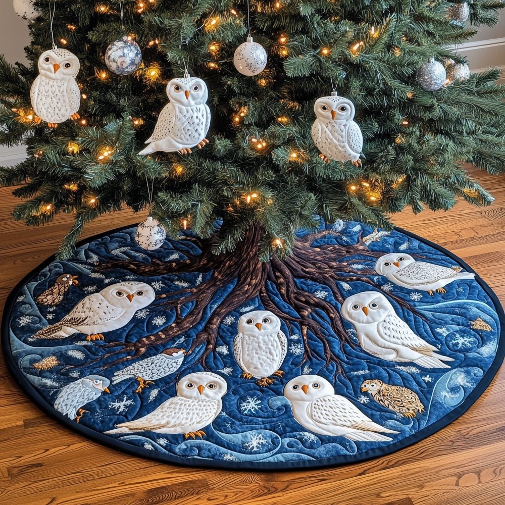 Snow Owls Christmas Tree Skirt - Handcrafted Arctic Owl Holiday Tree Base, Winter Bird Themed Home Decor, Custom Size