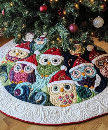 Patchwork Owl Circle Tree Skirt — Handmade Quilted Christmas Skirt With Playful Owl Motif, Custom Sizes & Durable Lining