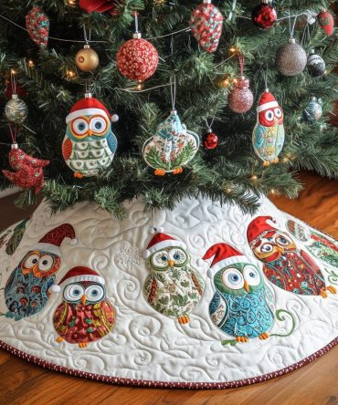Owl Family In Santa Hats Tree Skirt — Whimsical Handmade Christmas Skirt With Festive Appliqué Owls, Custom Sizes & Quilted Finish