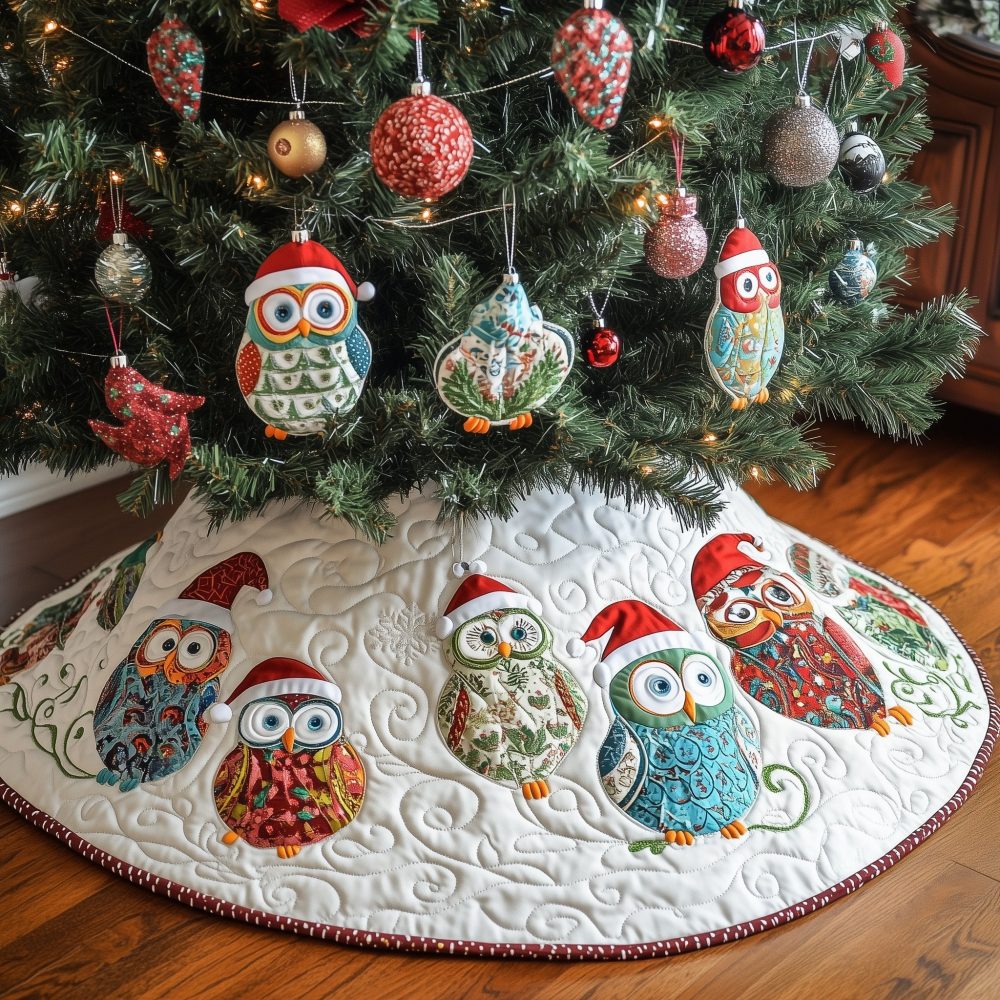 Owl Family In Santa Hats Tree Skirt — Whimsical Handmade Christmas Skirt With Festive Appliqué Owls, Custom Sizes & Quilted Finish