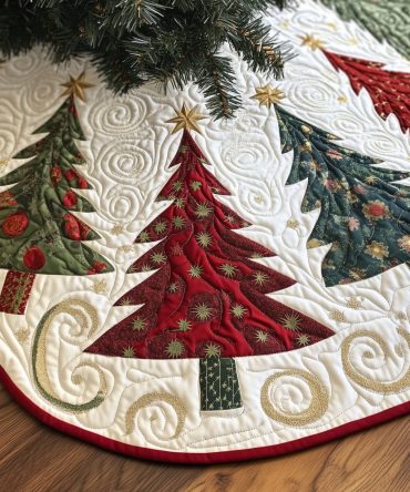 Ivory Swirl Appliqué Trees Christmas Tree Skirt — Elegant Quilted Holiday Skirt, Custom-Made & Lined For A Polished Look
