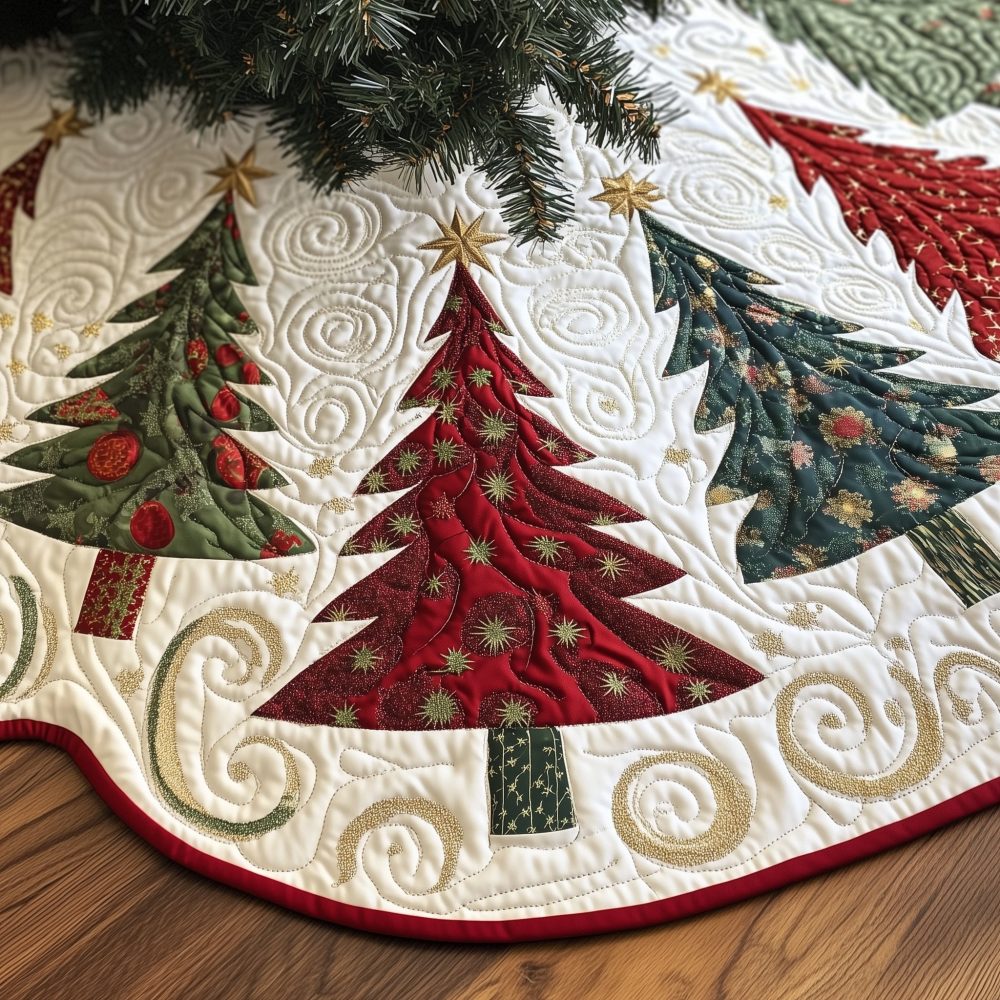 Ivory Swirl Appliqué Trees Christmas Tree Skirt — Elegant Quilted Holiday Skirt, Custom-Made & Lined For A Polished Look