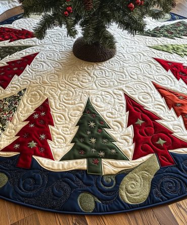 Navy Hem Patch Trees Christmas Tree Skirt — Custom Quilted Holiday Skirt With Patchwork Tree Accents, Available In Multiple Sizes
