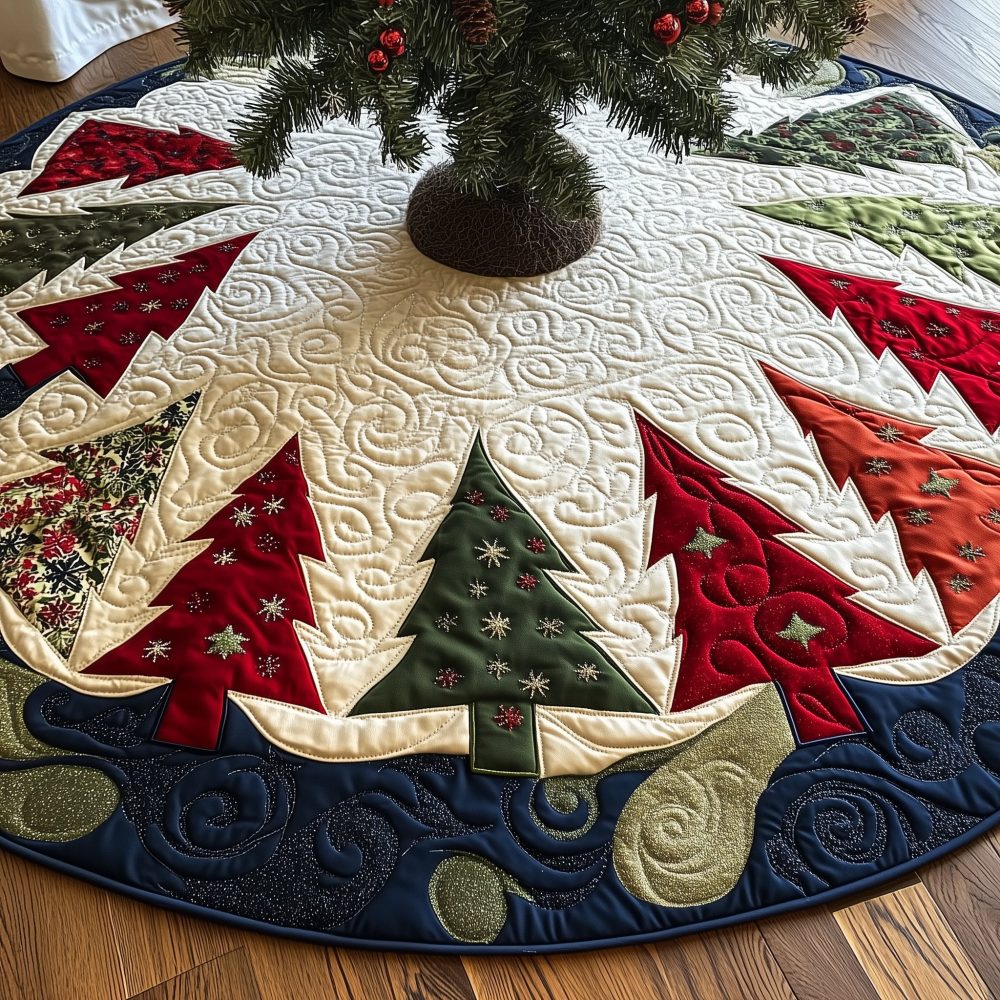 Navy Hem Patch Trees Christmas Tree Skirt — Custom Quilted Holiday Skirt With Patchwork Tree Accents, Available In Multiple Sizes