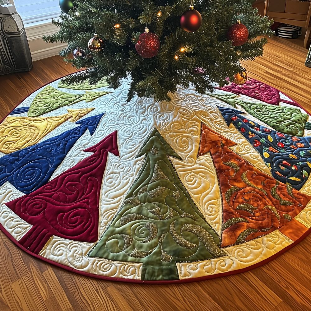 Autumn Tone Patch Trees Holiday Tree Skirt – Warm Fall Palette Quilted Christmas Skirt, Made-To-Order Seasonal Decor For Cozy Homes