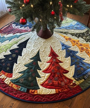 Handmade Rainbow Ring Christmas Tree Skirt With Calico Appliqué Trees — Quilted, Custom-Made Holiday Decor (Multiple Sizes)