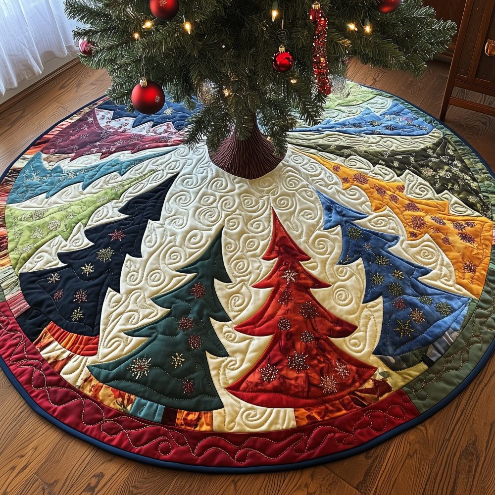 Handmade Rainbow Ring Christmas Tree Skirt With Calico Appliqué Trees — Quilted, Custom-Made Holiday Decor (Multiple Sizes)