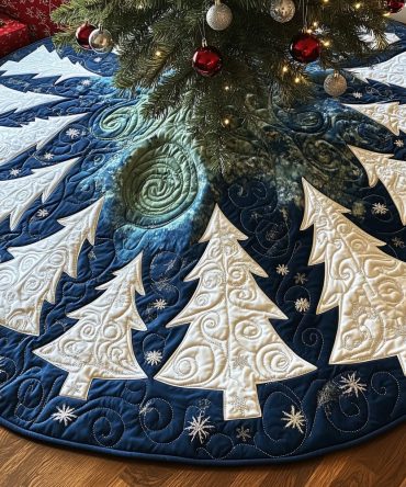 Indigo Swirl Christmas Tree Skirt With Blue Pine Appliqués — Custom Quilted Holiday Skirt, Lined & Available In Multiple Sizes