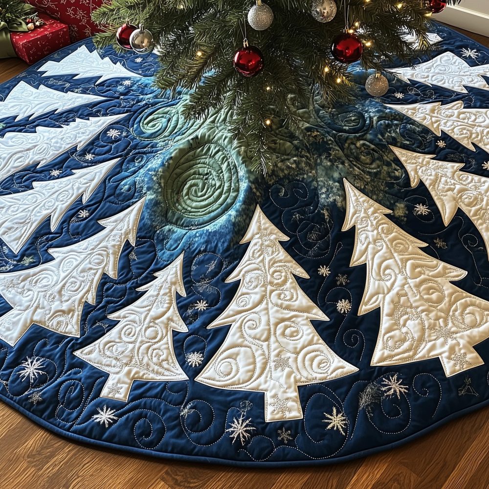 Indigo Swirl Christmas Tree Skirt With Blue Pine Appliqués — Custom Quilted Holiday Skirt, Lined & Available In Multiple Sizes