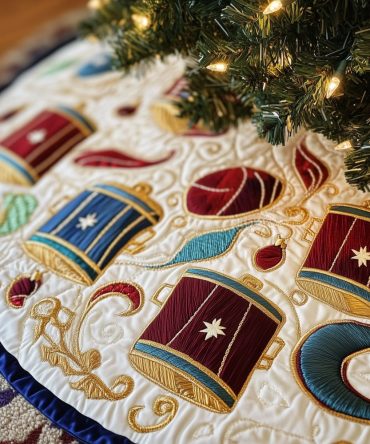 Gold Scroll Drums & Baubles Christmas Tree Skirt – Festive Metallic Drum And Ornament Motif, Handcrafted Made-To-Order Holiday Skirt