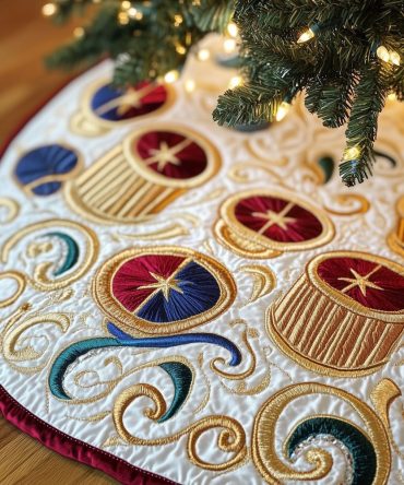 Toy Drums On Gold Swirl Christmas Tree Skirt – Playful Vintage Drum Design, Made-To-Order Holiday Skirt For Festive Family Traditions