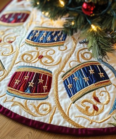 Gilded Drum & Ribbon Scroll Christmas Tree Skirt – Luxurious Gold Drum Motif, Made-To-Order Holiday Skirt For Traditional Festive Displays