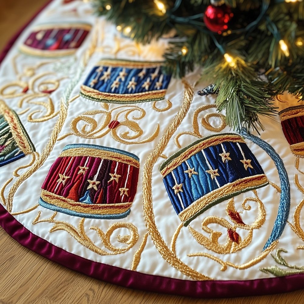 Gilded Drum & Ribbon Scroll Christmas Tree Skirt – Luxurious Gold Drum Motif, Made-To-Order Holiday Skirt For Traditional Festive Displays
