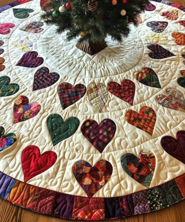 Calico Heart Patch Ring Christmas Tree Skirt – Country Quilted Holiday Skirt, Handmade & Made-To-Order For Charming Festive Decor