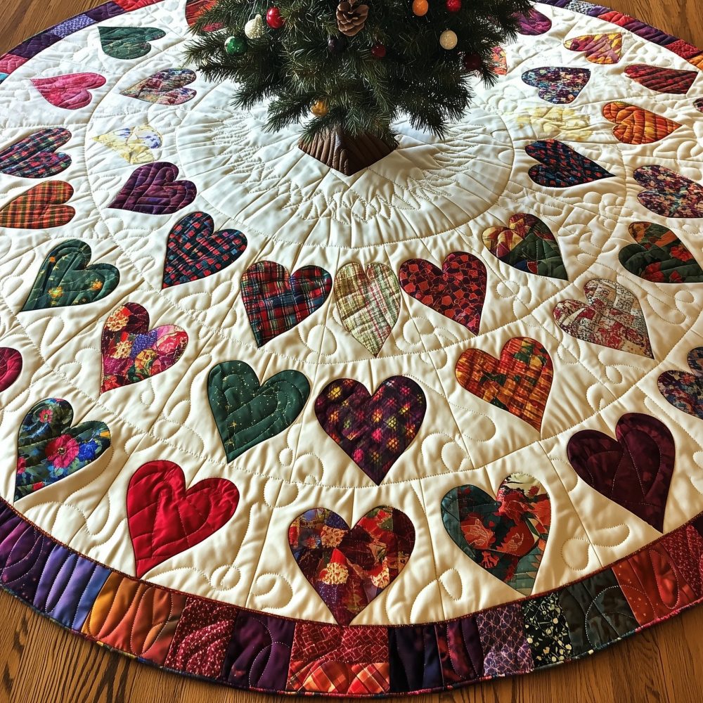 Calico Heart Patch Ring Christmas Tree Skirt – Country Quilted Holiday Skirt, Handmade & Made-To-Order For Charming Festive Decor