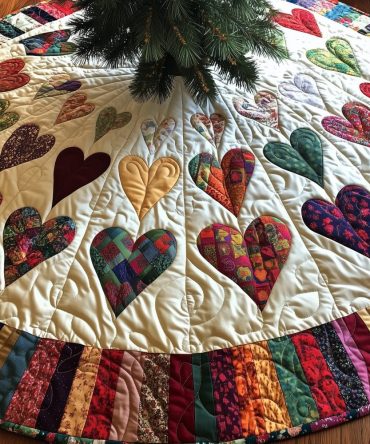 Appliqué Heart Christmas Tree Skirt With Stripe Hem – Romantic Handmade Holiday Skirt, Custom Made-To-Order For Charming Seasonal Decor