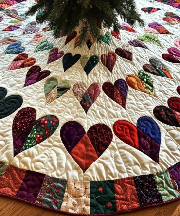 Ivory Quilted Scrap Hearts Christmas Tree Skirt – Rustic Handmade Holiday Skirt With Patchwork Charm, Made-To-Order Cozy Decor