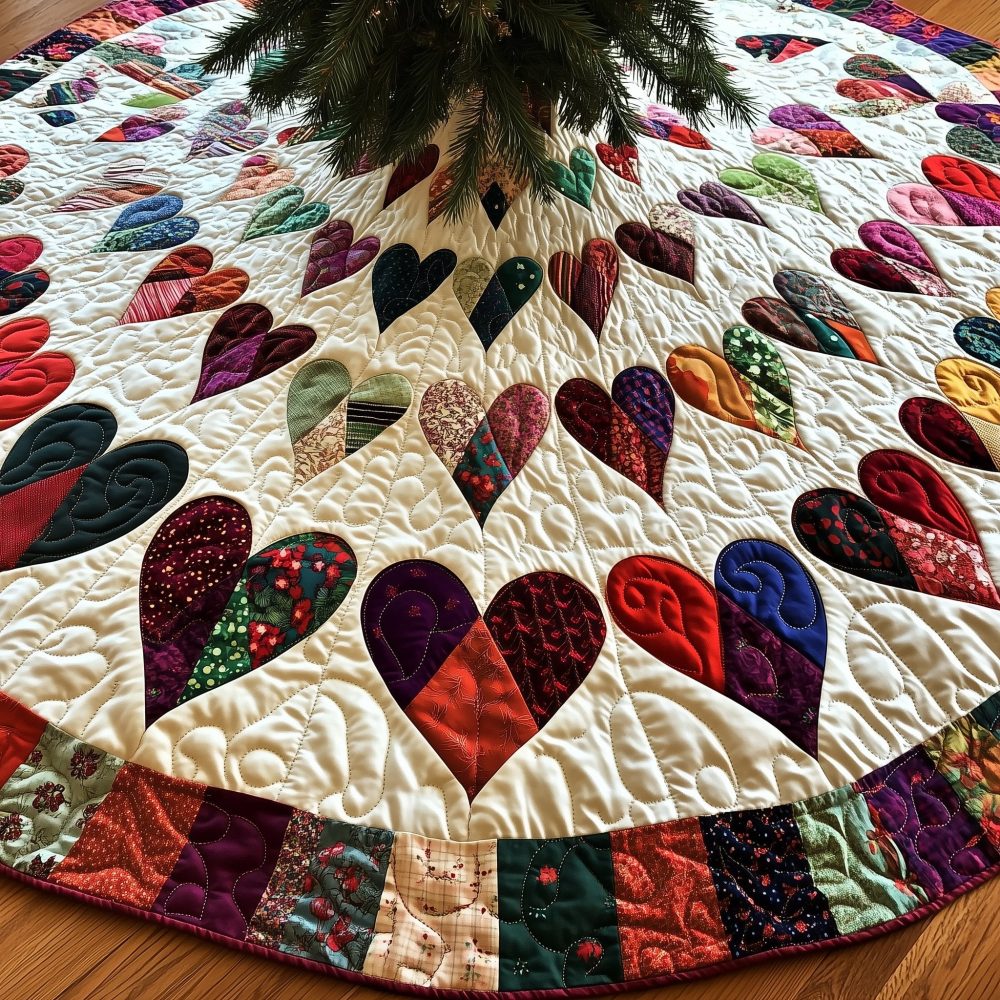 Ivory Quilted Scrap Hearts Christmas Tree Skirt – Rustic Handmade Holiday Skirt With Patchwork Charm, Made-To-Order Cozy Decor