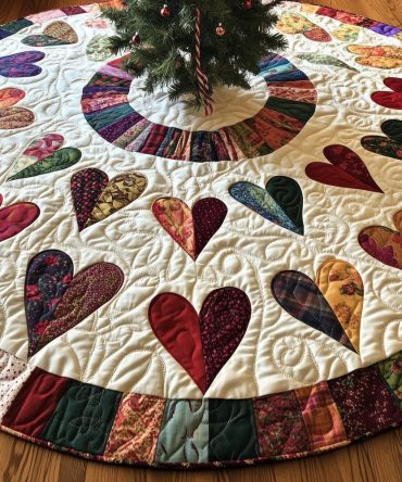 Vintage Patchwork Heart Wheel Quilted Christmas Tree Skirt – Cozy Handmade Holiday Skirt, Made-To-Order For Classic Country Charm