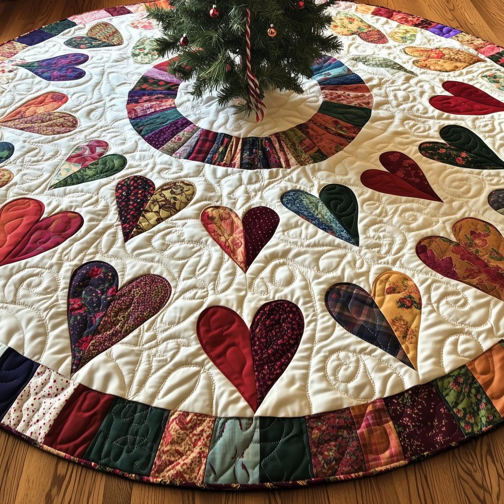Vintage Patchwork Heart Wheel Quilted Christmas Tree Skirt – Cozy Handmade Holiday Skirt, Made-To-Order For Classic Country Charm
