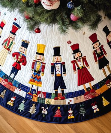 Blue-Border Nutcracker Troupe Christmas Tree Skirt - Handcrafted Quilted Holiday Scene, Elegant Stage-Inspired Décor, Made-To-Order