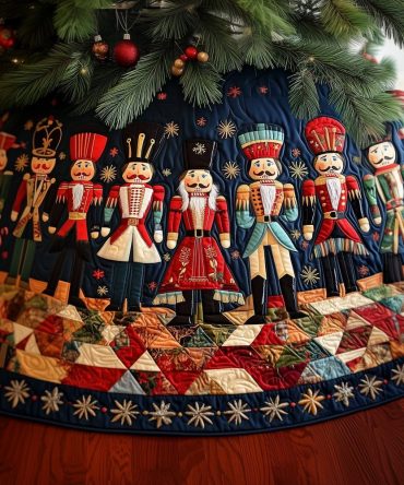 Handmade Nutcracker Christmas Tree Skirt In Starry Navy — Premium Custom Holiday Tree Skirt With Embroidered Nutcracker Scene