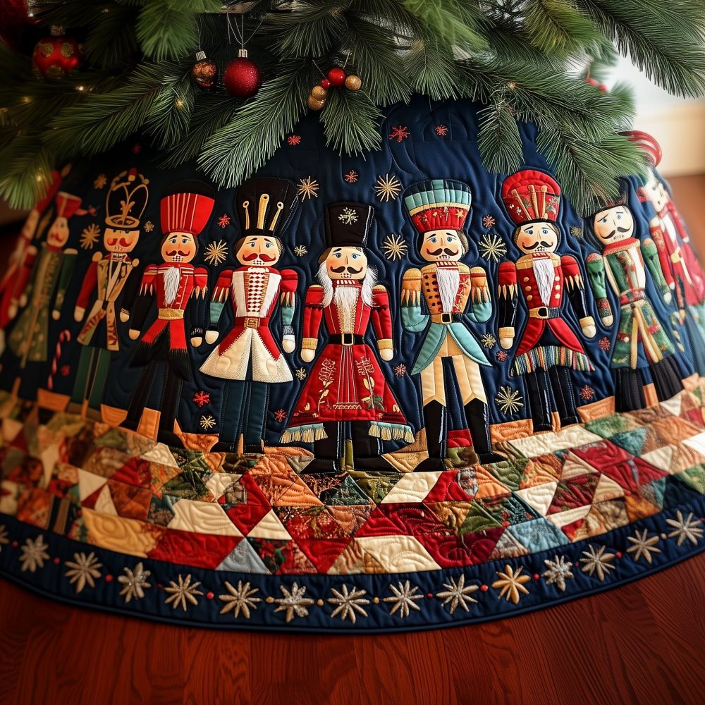 Handmade Nutcracker Christmas Tree Skirt In Starry Navy — Premium Custom Holiday Tree Skirt With Embroidered Nutcracker Scene