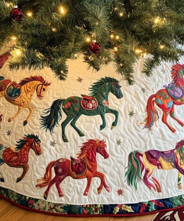 Colorful Running Horses Cream Christmas Tree Skirt — Vibrant Equestrian Holiday Skirt, Handcrafted Farmhouse Accent