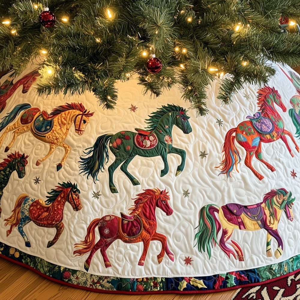 Colorful Running Horses Cream Christmas Tree Skirt — Vibrant Equestrian Holiday Skirt, Handcrafted Farmhouse Accent