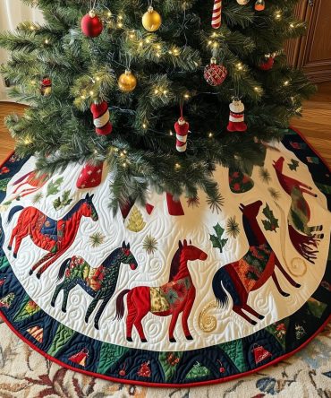 Festive Red & Navy Horses With Holly Border Tree Skirt — Quilted Equestrian Holiday Skirt, Handmade Seasonal Decor
