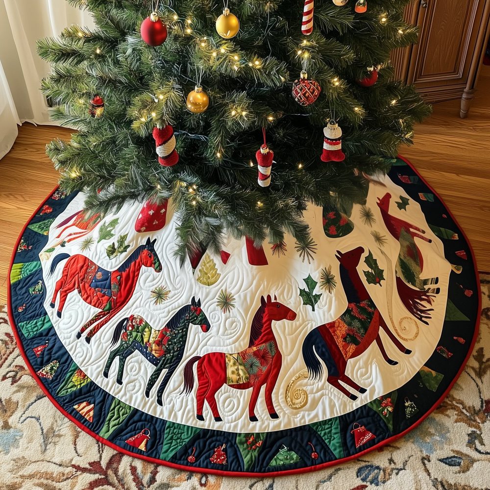 Festive Red & Navy Horses With Holly Border Tree Skirt — Quilted Equestrian Holiday Skirt, Handmade Seasonal Decor