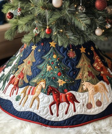 Navy Rocking Horse Christmas Tree Skirt — Whimsical Winter Night Equestrian Holiday Skirt, Custom Handmade