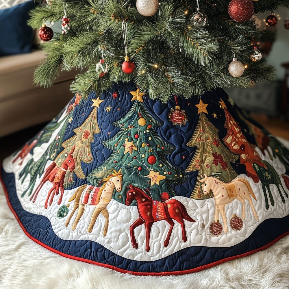 Navy Rocking Horse Christmas Tree Skirt — Whimsical Winter Night Equestrian Holiday Skirt, Custom Handmade