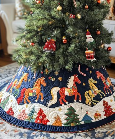 Galloping Horses Snowy Village Christmas Tree Skirt — Rustic Equestrian Holiday Skirt, Handcrafted Winter Scene