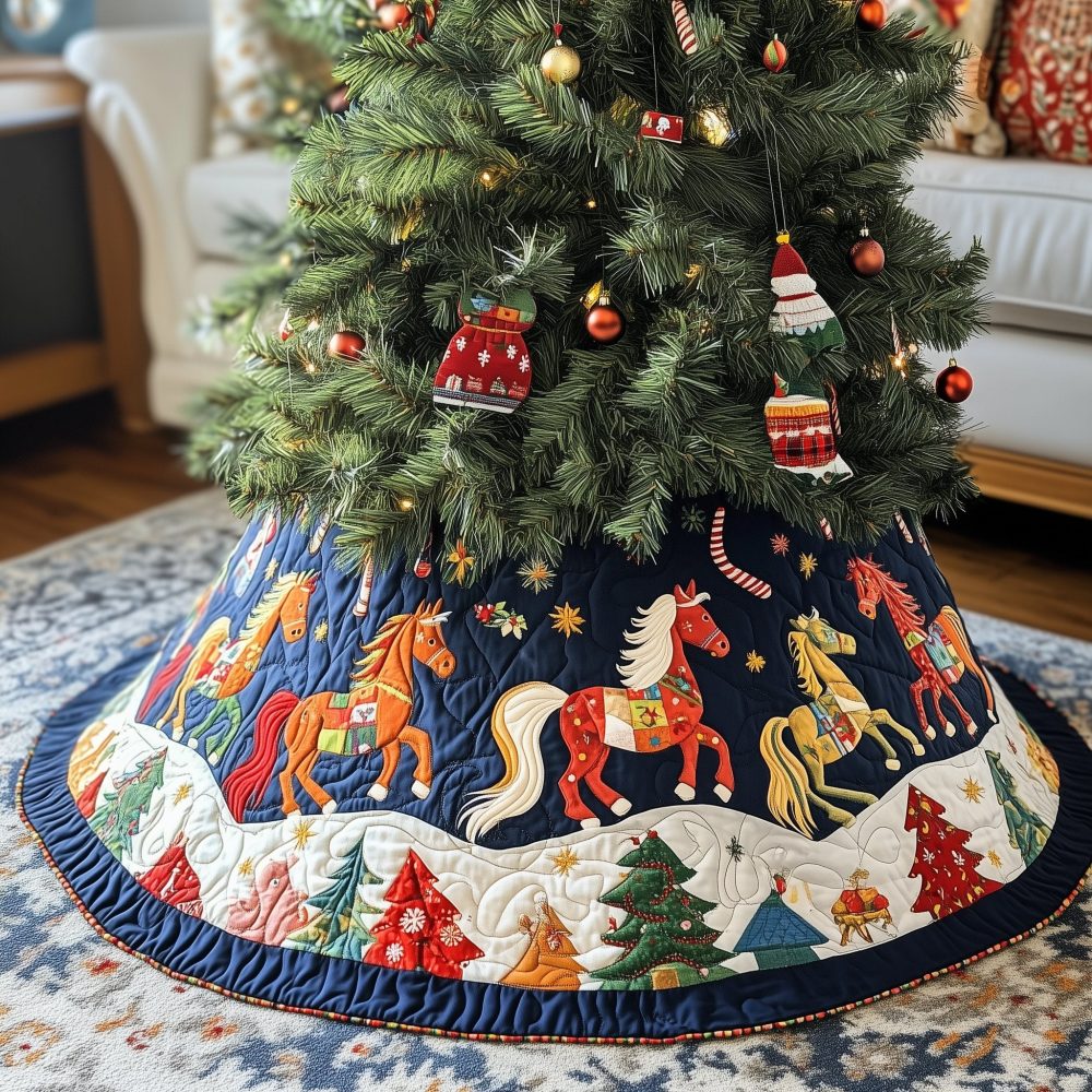 Galloping Horses Snowy Village Christmas Tree Skirt — Rustic Equestrian Holiday Skirt, Handcrafted Winter Scene