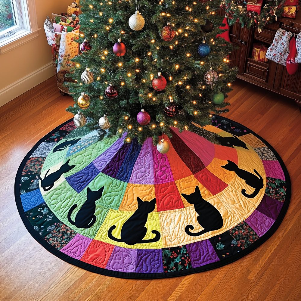 Playful Black Cats On Rainbow Wedges Christmas Tree Skirt — Handcrafted Bright Holiday Skirt, Fun Cat Lover Decor With Bold Colors