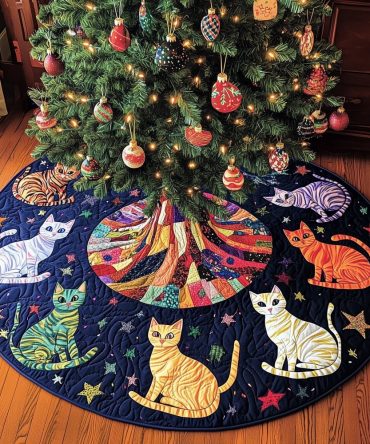 Colorful Cat Constellation Christmas Tree Skirt — Handcrafted Starry Night Cat-Themed Holiday Skirt, Whimsical Pet Lover Decor