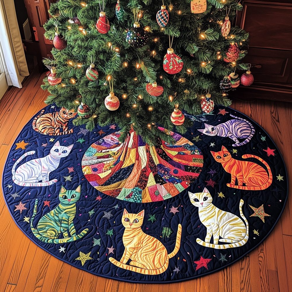 Colorful Cat Constellation Christmas Tree Skirt — Handcrafted Starry Night Cat-Themed Holiday Skirt, Whimsical Pet Lover Decor