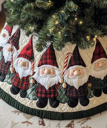 Tartan Gnome Parade Christmas Tree Skirt — Classic Plaid Handmade Holiday Skirt With Charming Gnome Parade, Custom Sizes
